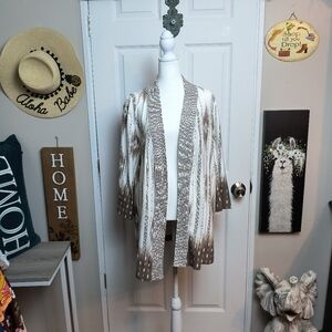 Isaac Mizrahi Live Open Front Sweater Cardigan Large Geo print brown pink pocket